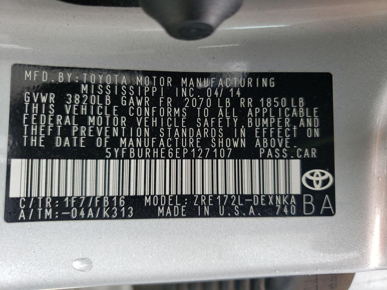 Photo 10 from auction – 2014 TOYOTA COROLLA L with VIN 5YFBURHE6EP127107