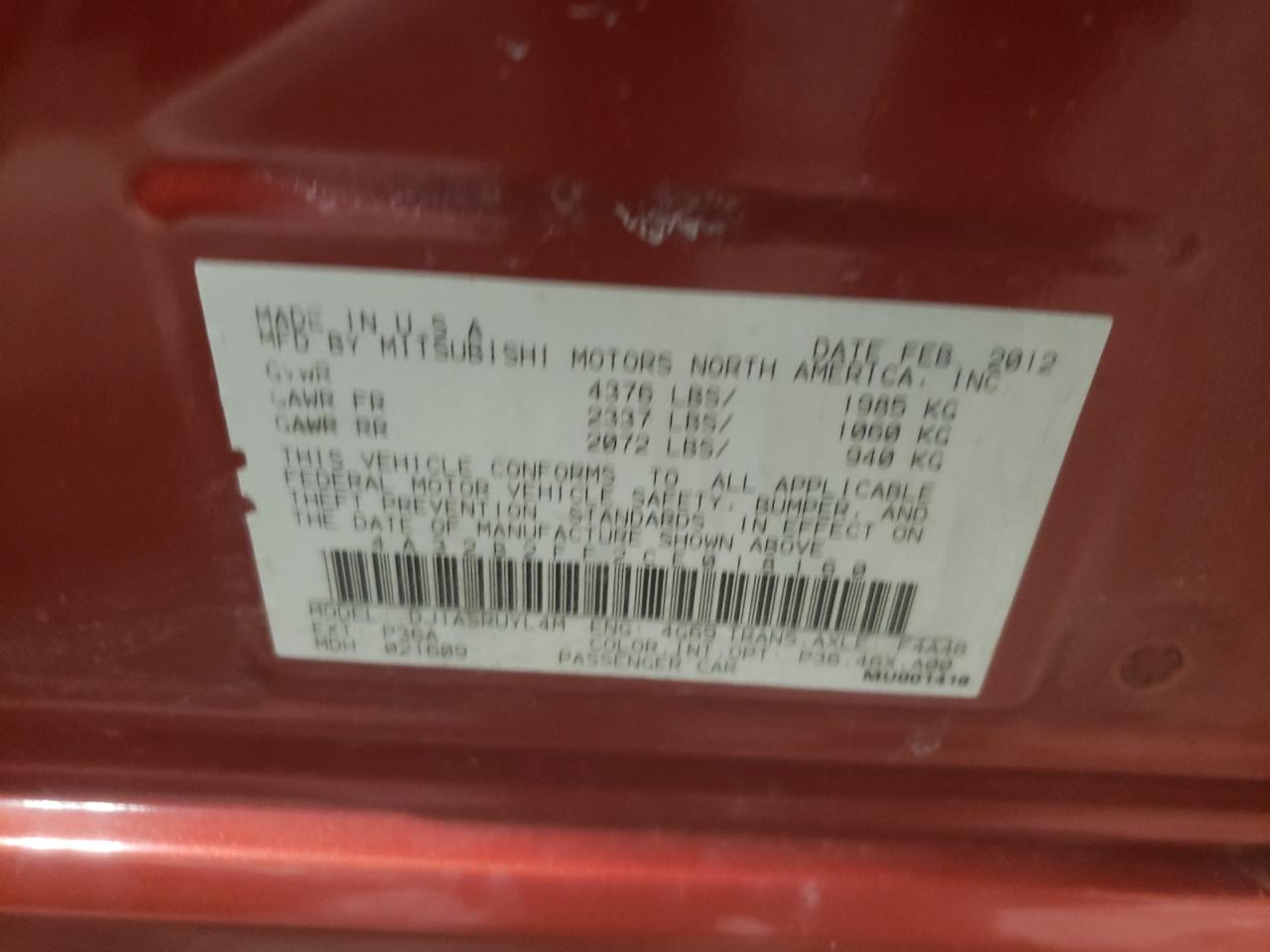 Photo 10 from auction – 2012 MITSUBISHI GALANT FE with VIN 4A32B2FF2CE018160