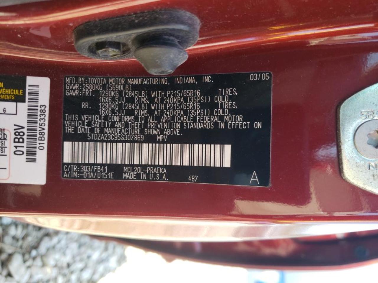 Photo 10 from auction – 2005 TOYOTA SIENNA CE with VIN 5TDZA23C95S307869