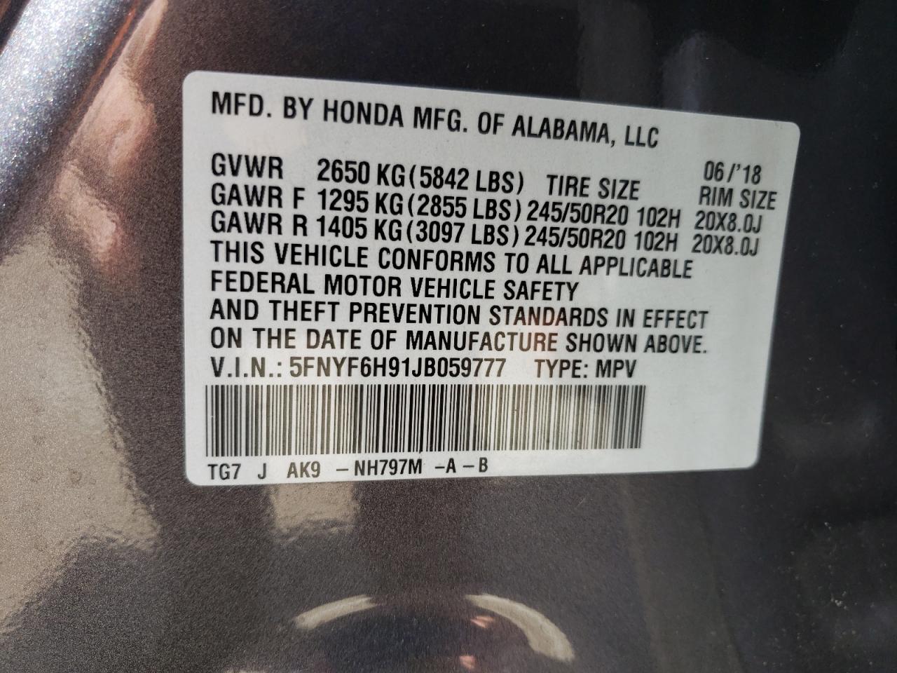 Photo 10 from auction – 2018 HONDA PILOT TOUR with VIN 5FNYF6H91JB059777