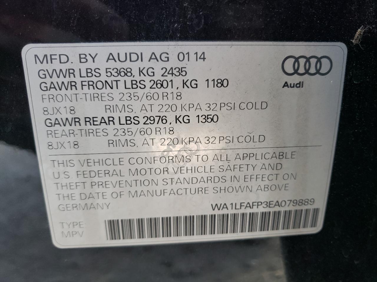Photo 10 from auction – 2014 AUDI Q5 PREMIUM with VIN WA1LFAFP3EA079889