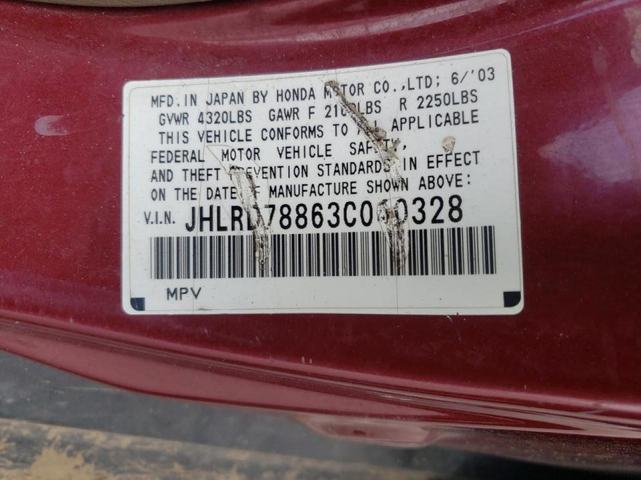 Photo 10 from auction – 2003 HONDA CR-V EX with VIN JHLRD78863C040328