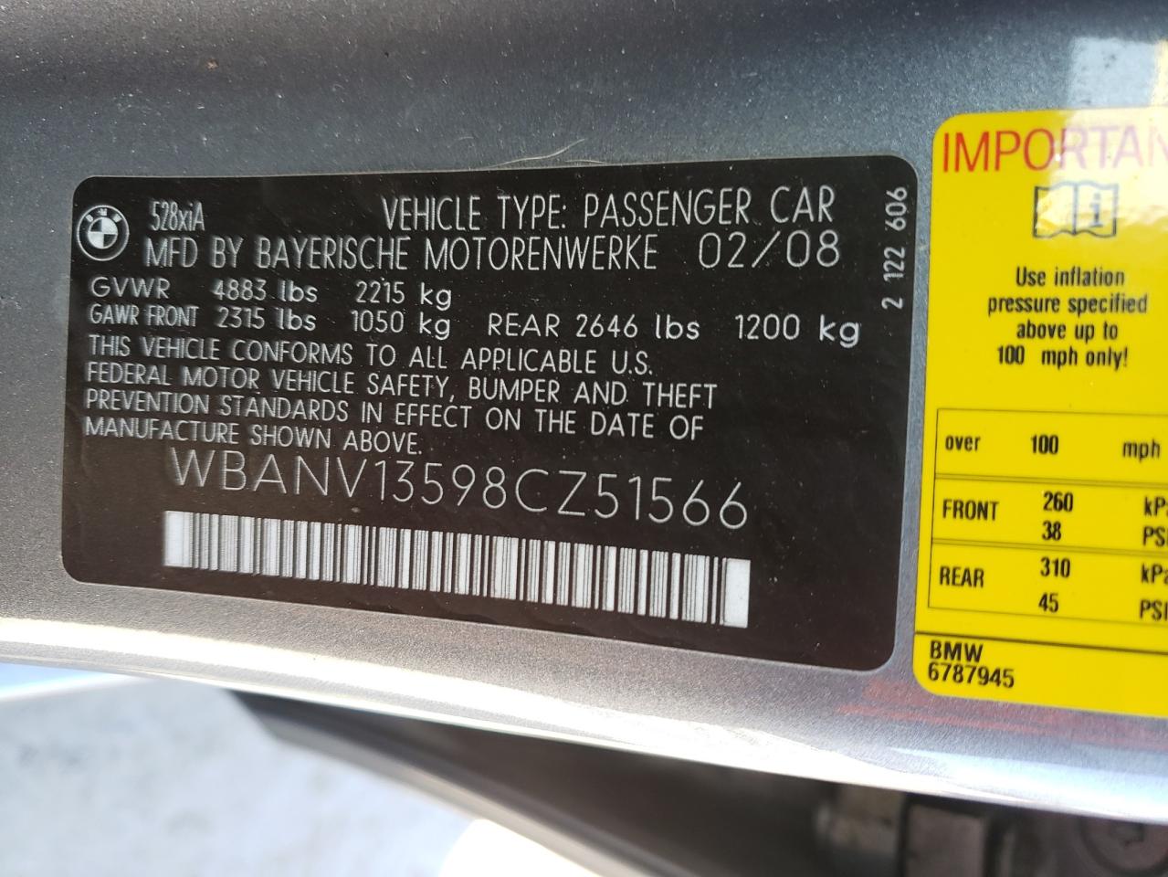 Photo 10 from auction – 2008 BMW 528 XI with VIN WBANV13598CZ51566