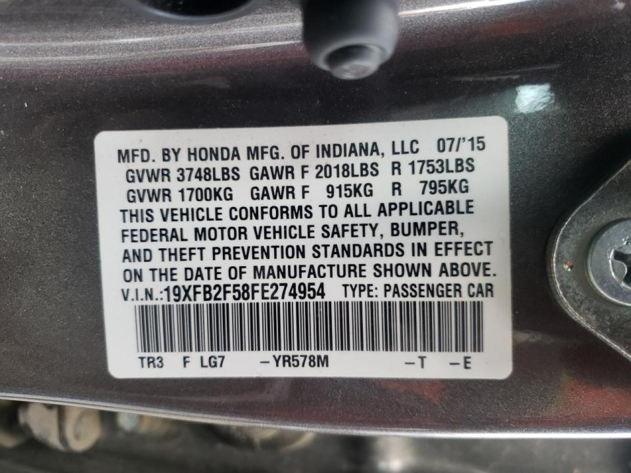 Photo 10 from auction – 2015 HONDA CIVIC LX with VIN 19XFB2F58FE274954