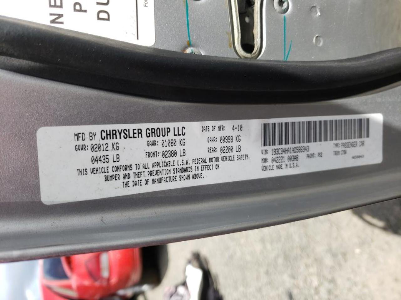 Photo 10 from auction – 2010 DODGE CALIBER SX with VIN 1B3CB4HA1AD586943