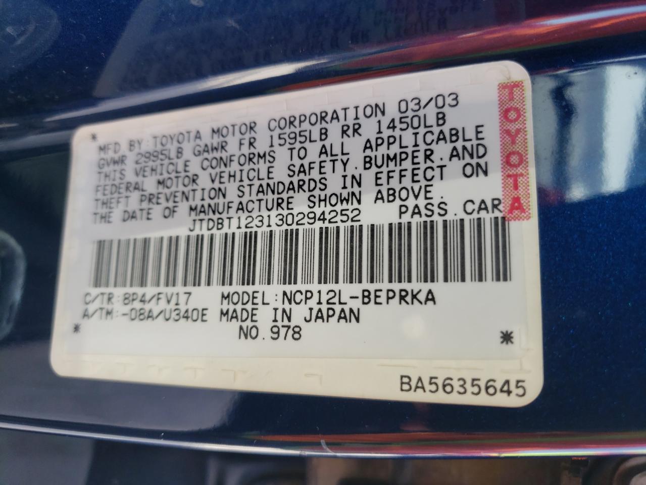 Photo 10 from auction – 2003 TOYOTA ECHO with VIN JTDBT123130294252