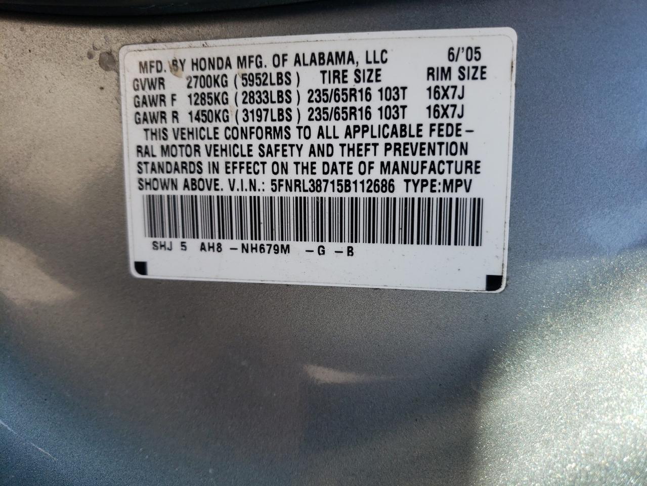 Photo 10 from auction – 2005 HONDA ODYSSEY with VIN 5FNRL38715B112686