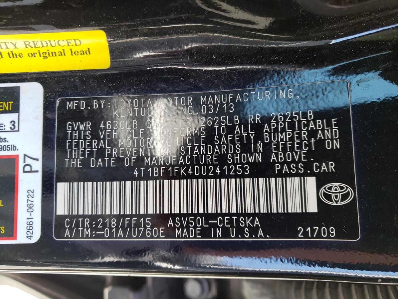 Photo 10 from auction – 2013 TOYOTA CAMRY L with VIN 4T1BF1FK4DU241253