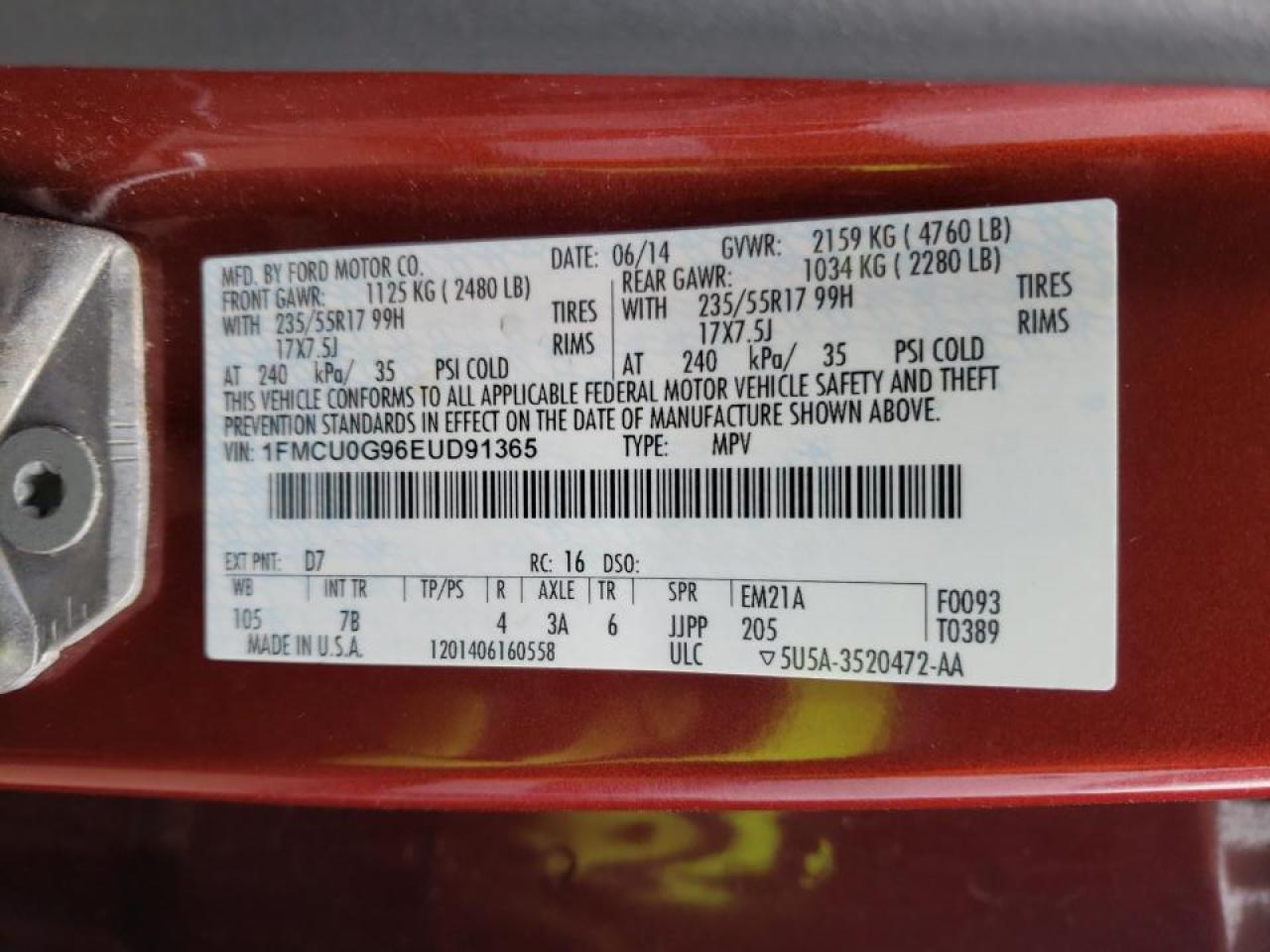 Photo 10 from auction – 2014 FORD ESCAPE SE with VIN 1FMCU0G96EUD91365