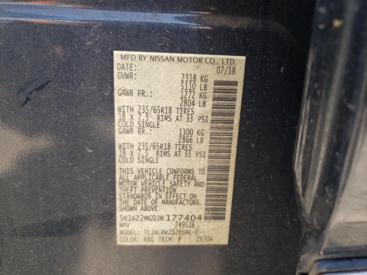Photo 10 from auction – 2018 NISSAN MURANO S with VIN 5N1AZ2MG0JN177404