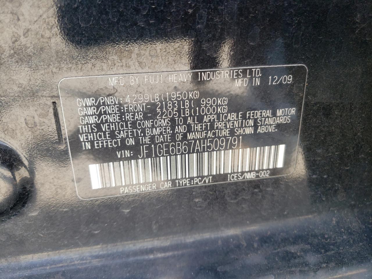 Photo 10 from auction – 2010 SUBARU IMPREZA with VIN JF1GE6B67AH509791