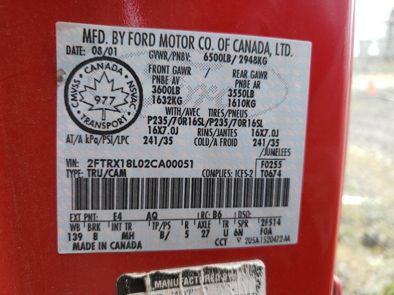 Photo 10 from auction – 2002 FORD F150 with VIN 2FTRX18L02CA00051