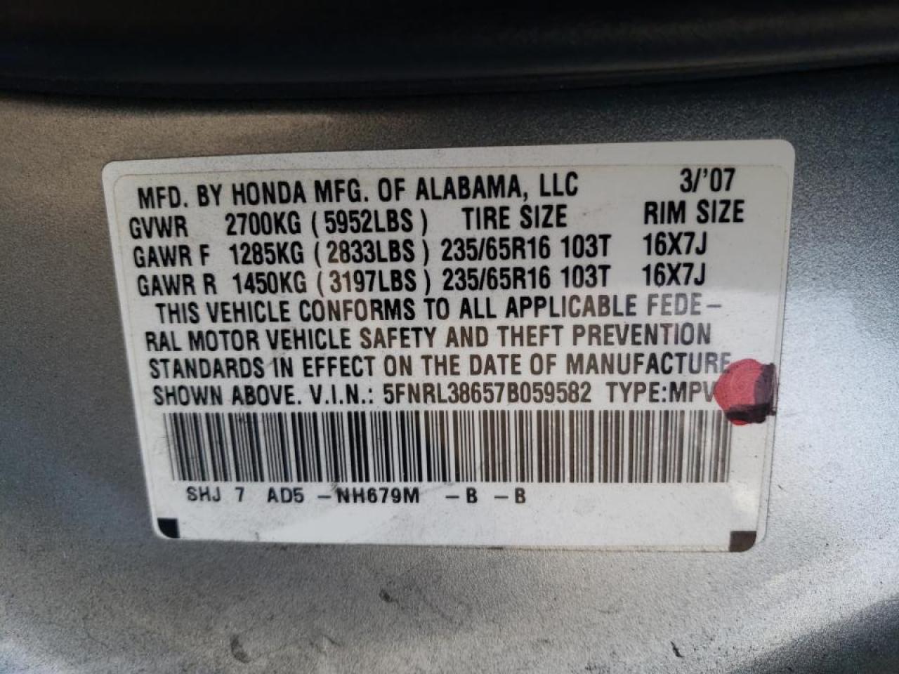 Photo 10 from auction – 2007 HONDA ODYSSEY EX with VIN 5FNRL38657B059582
