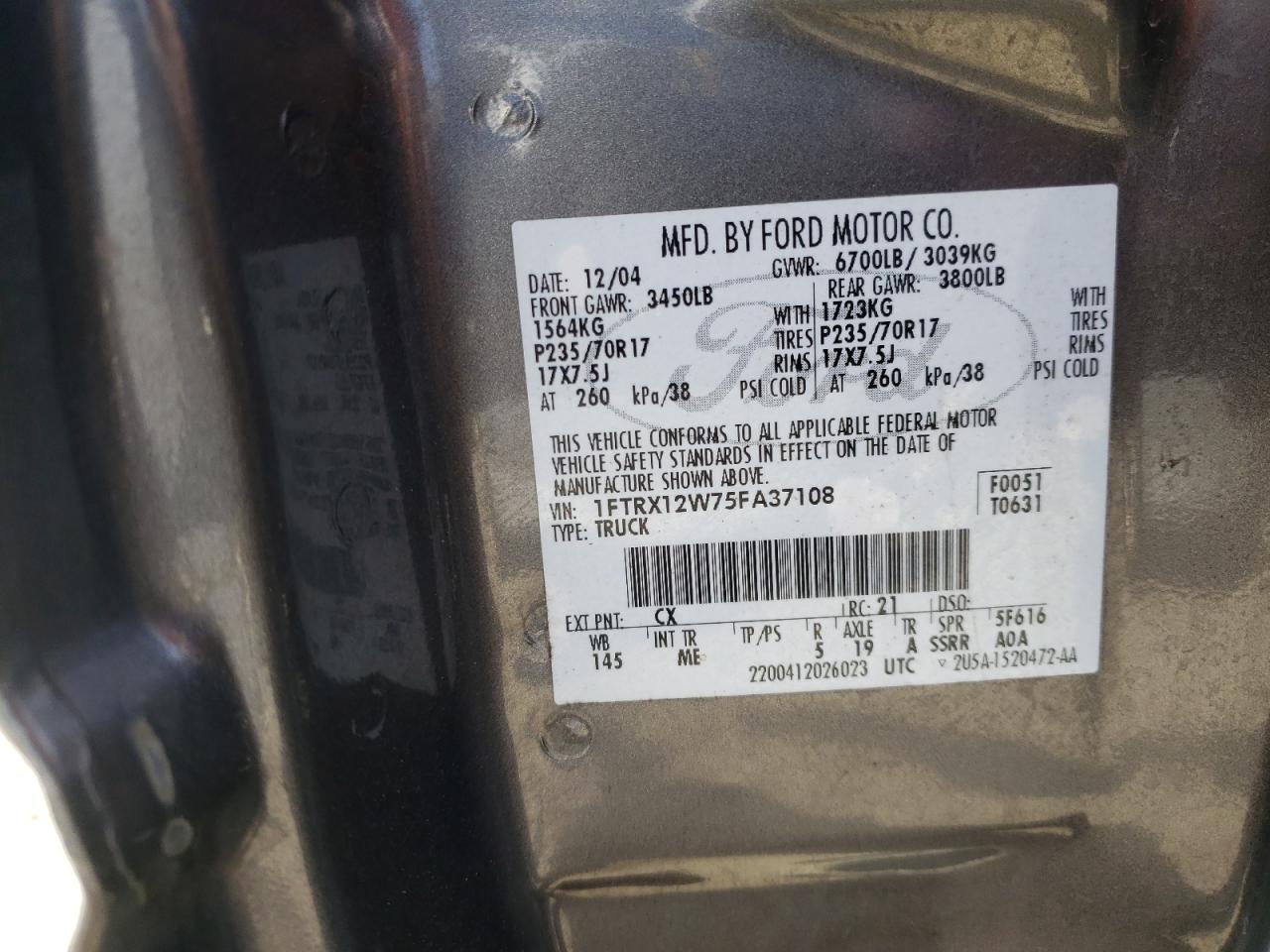 Photo 10 from auction – 2005 FORD F150 with VIN 1FTRX12W75FA37108