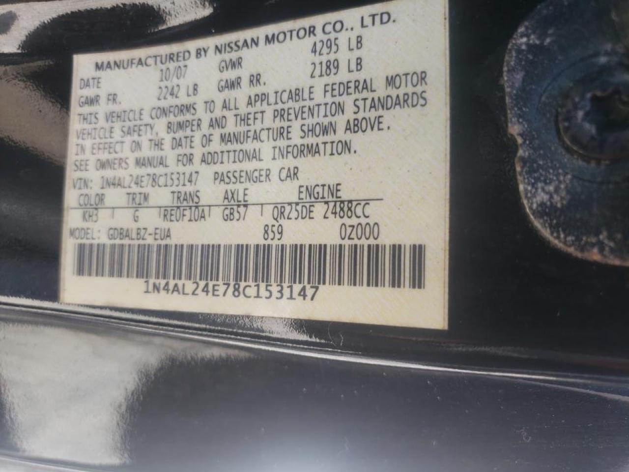 Photo 10 from auction – 2008 NISSAN ALTIMA 2.5 with VIN 1N4AL24E78C153147