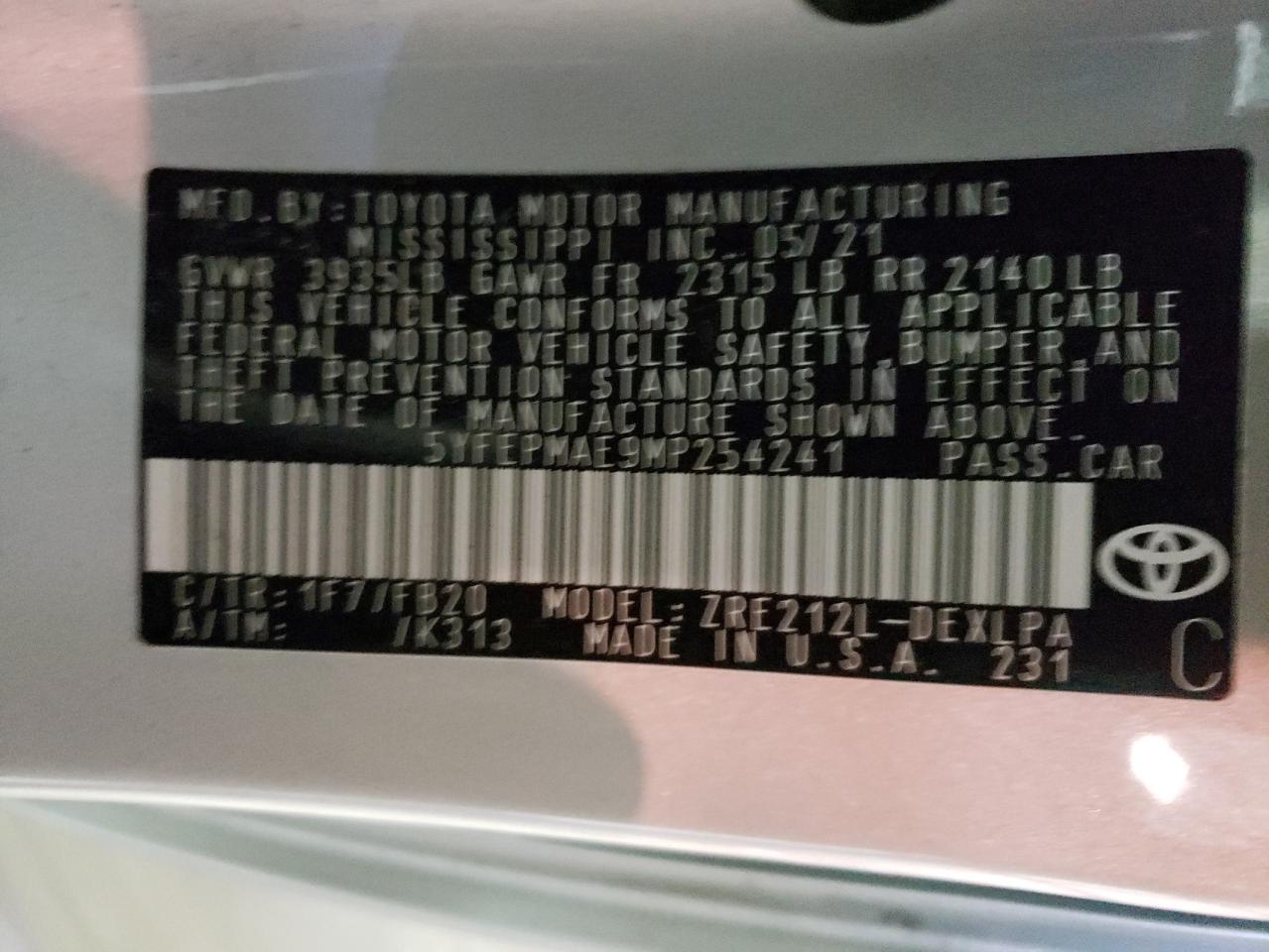 Photo 10 from auction – 2021 TOYOTA COROLLA LE with VIN 5YFEPMAE9MP254241