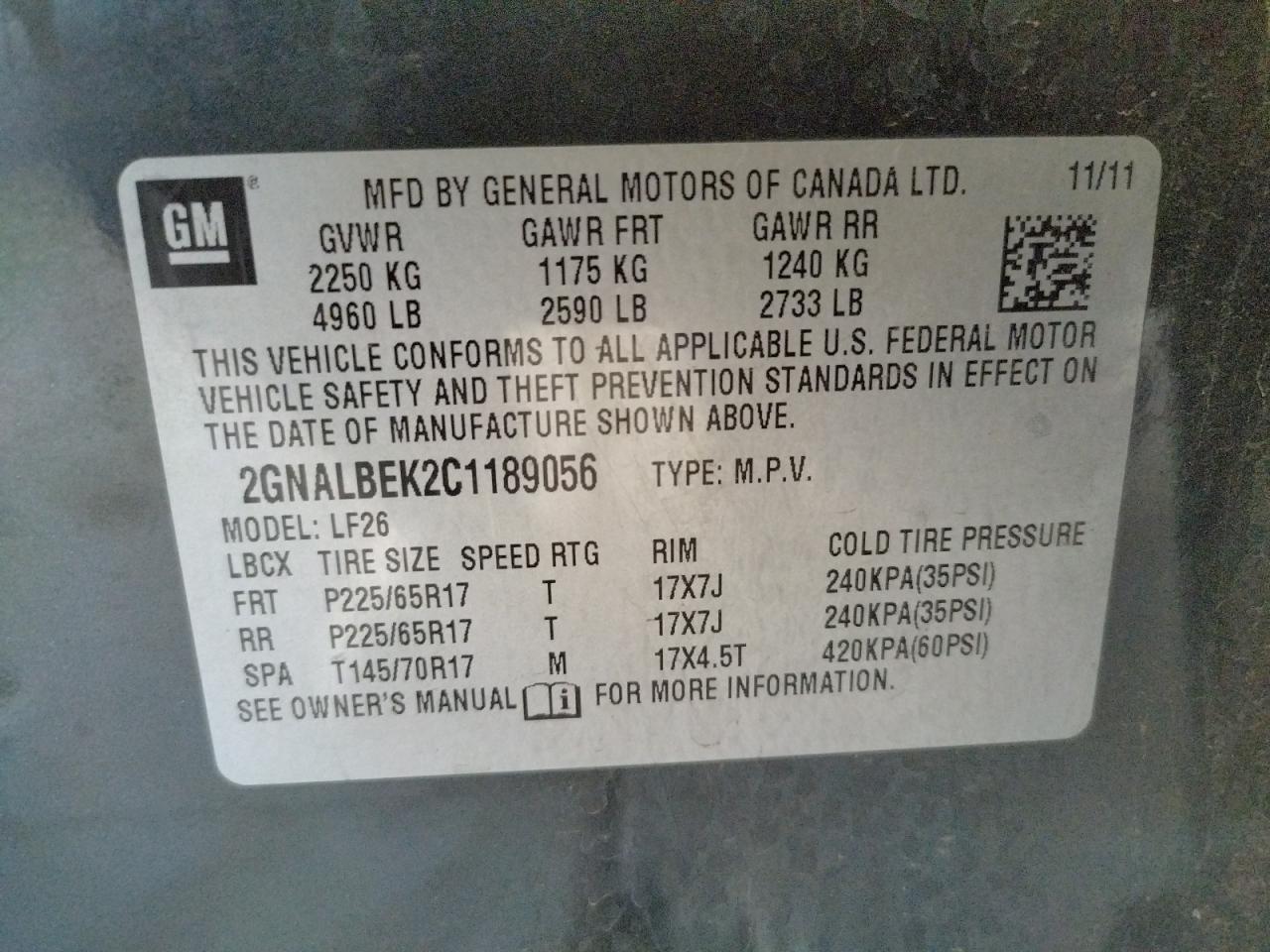 Photo 10 from auction – 2012 CHEVROLET EQUINOX LS with VIN 2GNALBEK2C1189056