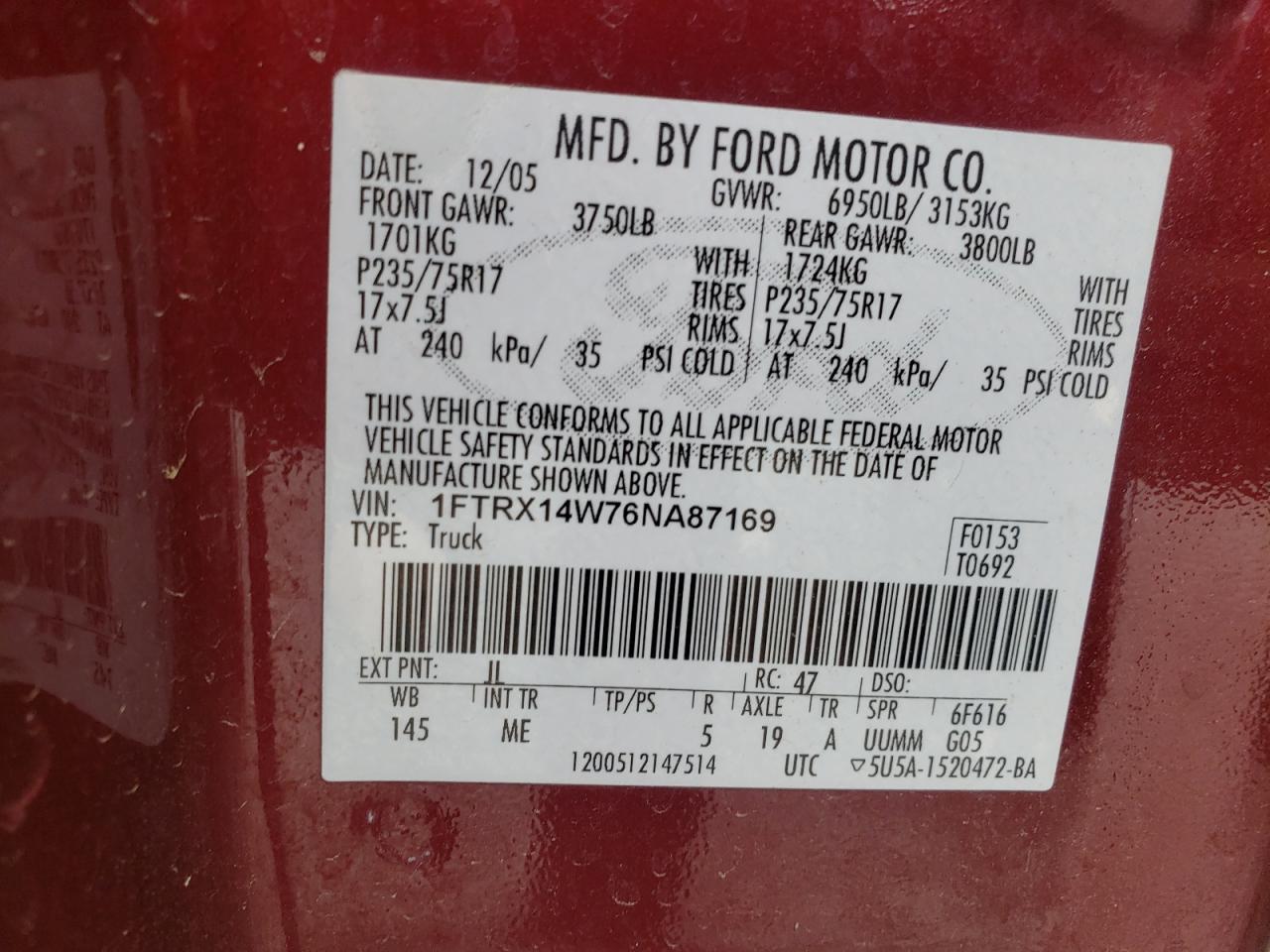 Photo 10 from auction – 2006 FORD F150 with VIN 1FTRX14W76NA87169