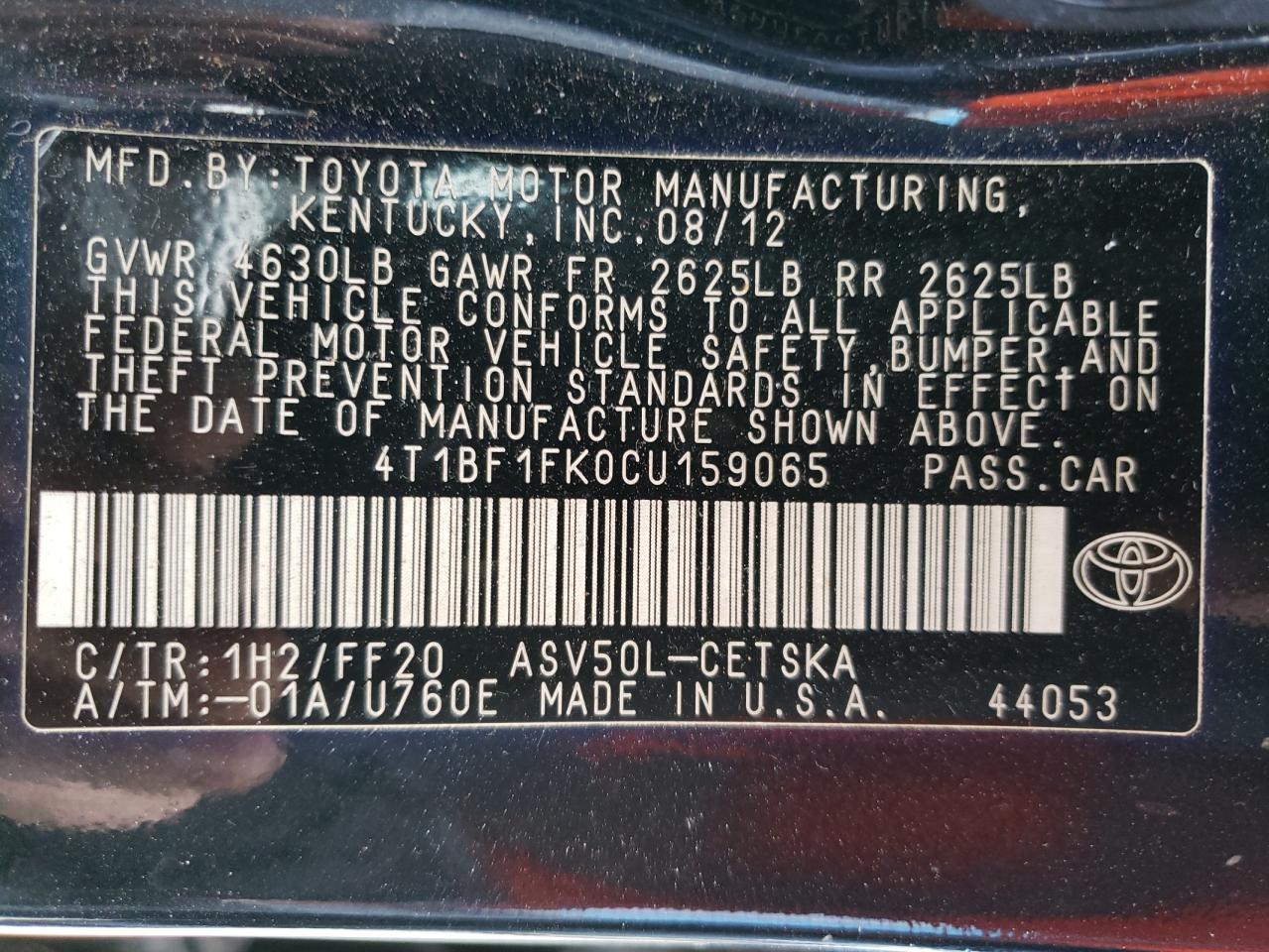 Photo 10 from auction – 2012 TOYOTA CAMRY BASE with VIN 4T1BF1FK0CU159065
