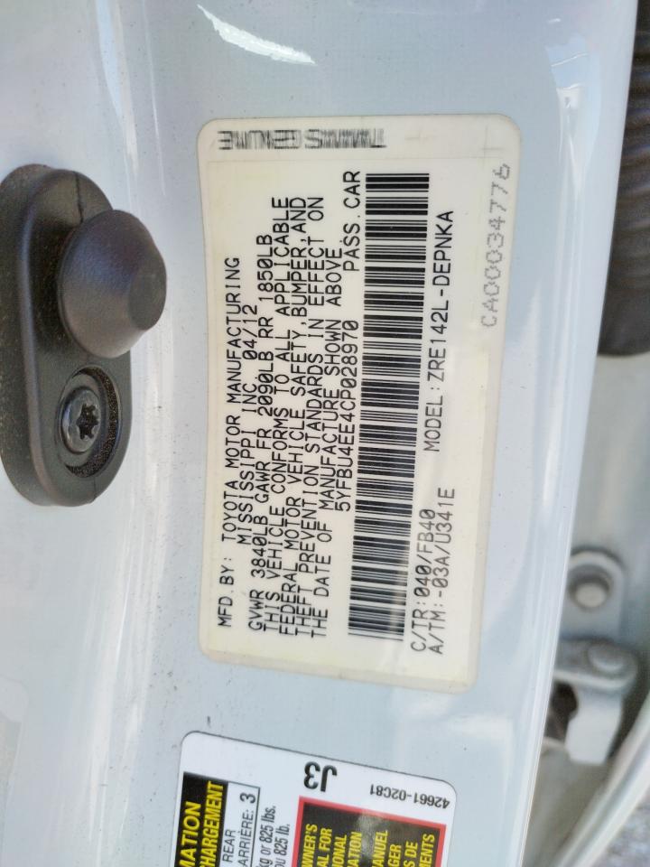 Foto 10 de la subasta – 2012 TOYOTA COROLLA BA con VIN 5YFBU4EE4CP028970