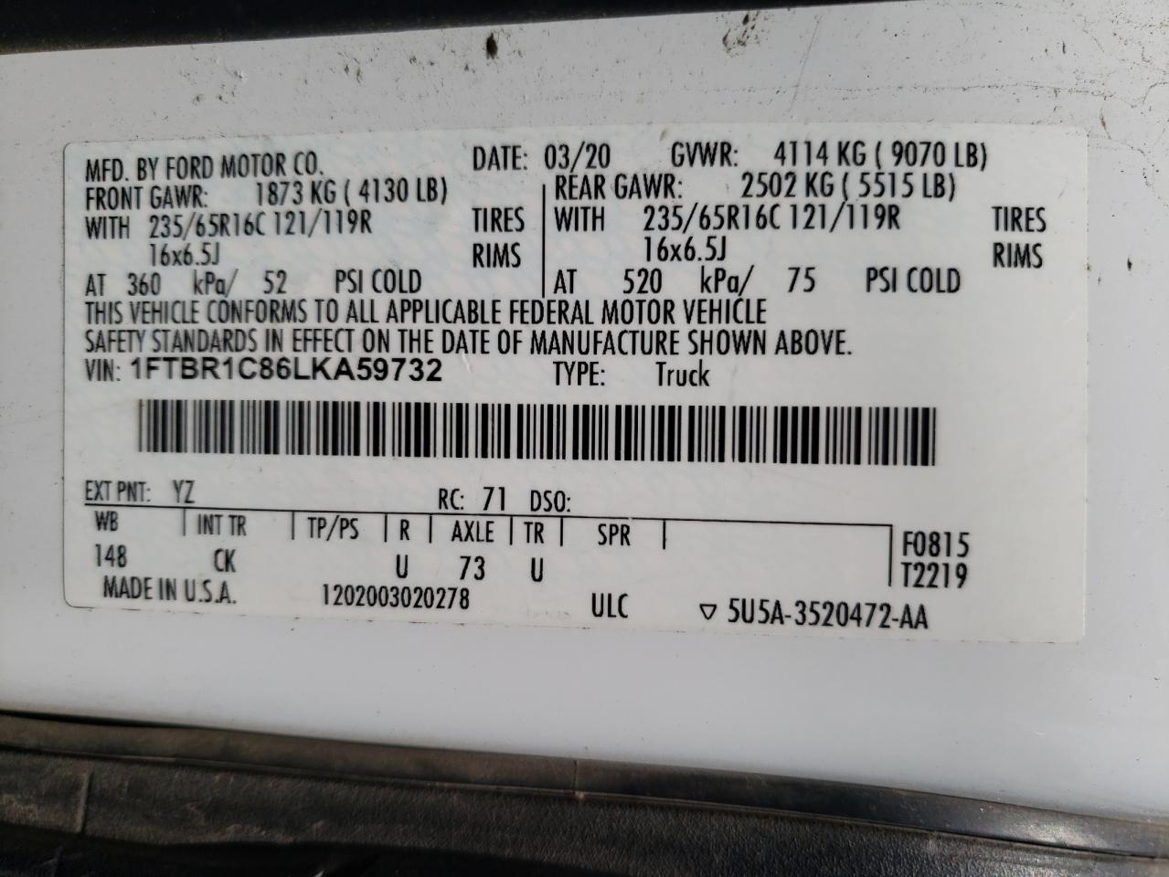 Photo 10 from auction – 2020 FORD TRANSIT T- with VIN 1FTBR1C86LKA59732