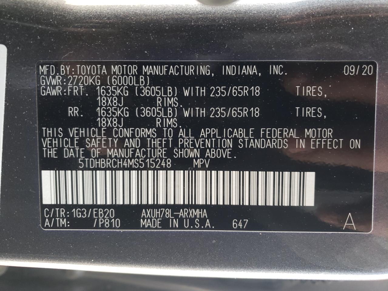 Photo 10 from auction – 2021 TOYOTA HIGHLANDER with VIN 5TDHBRCH4MS515248