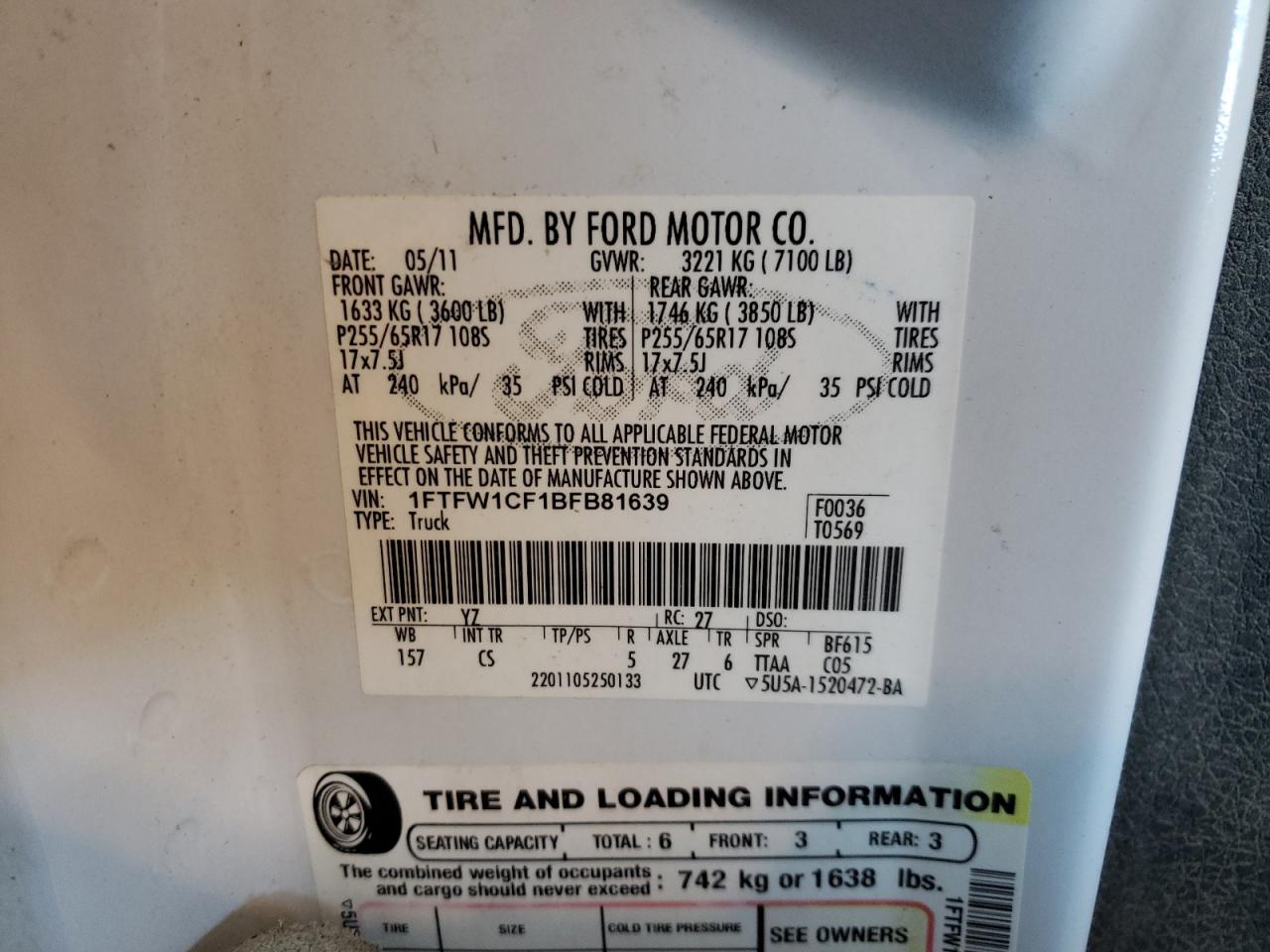 Photo 10 from auction – 2011 FORD F150 SUPER with VIN 1FTFW1CF1BFB81639