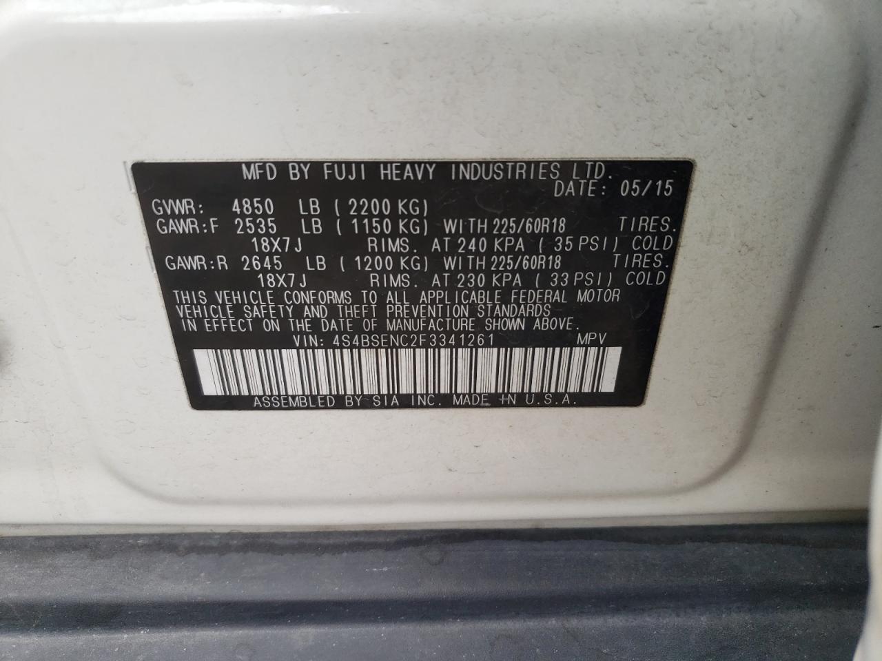 Photo 10 from auction – 2015 SUBARU OUTBACK 3. with VIN 4S4BSENC2F3341261