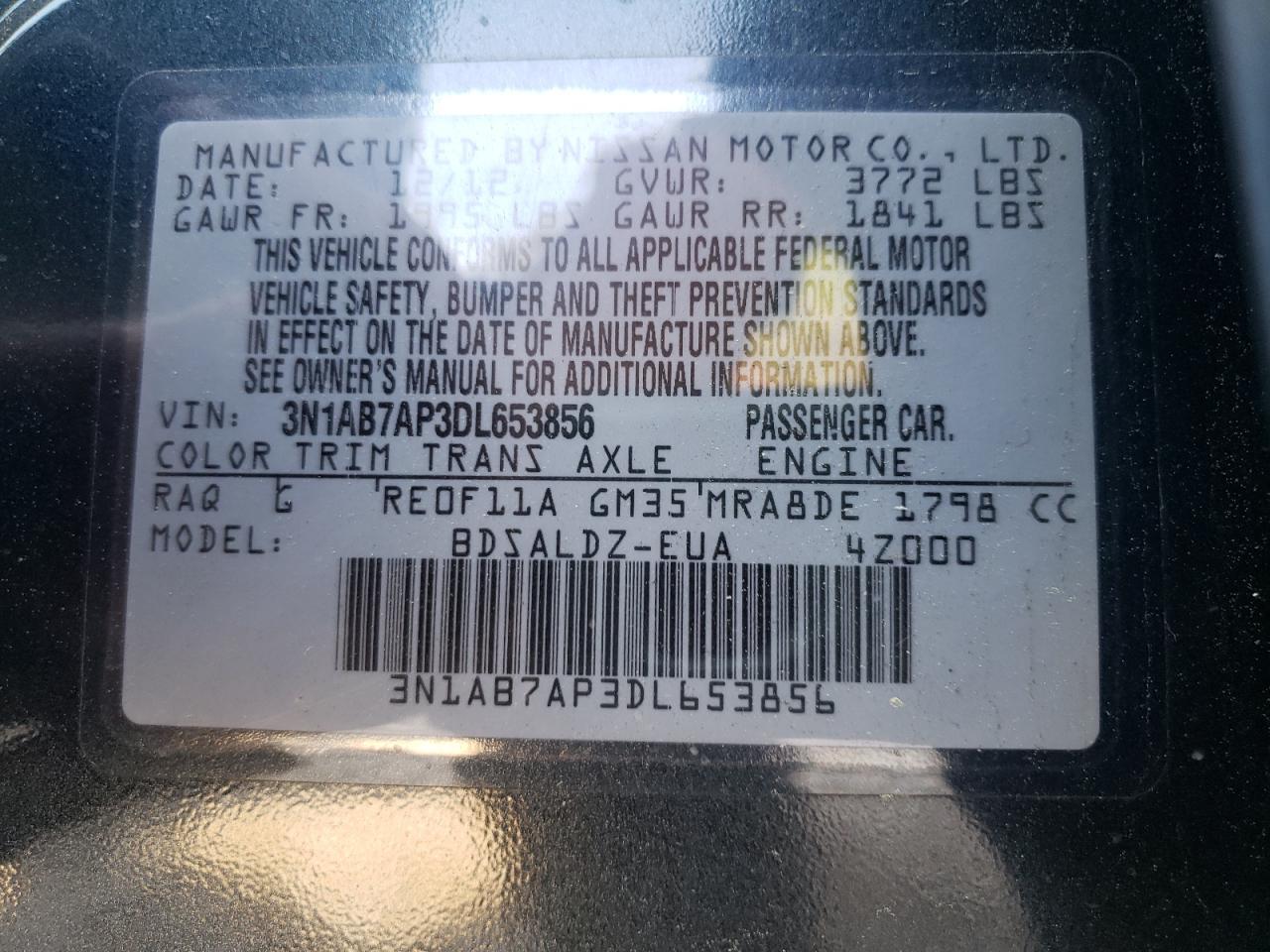 Photo 10 from auction – 2013 NISSAN SENTRA S with VIN 3N1AB7AP3DL653856
