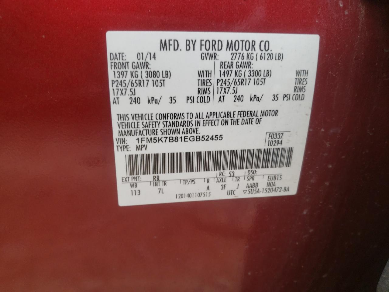 Photo 10 from auction – 2014 FORD EXPLORER with VIN 1FM5K7B81EGB52455