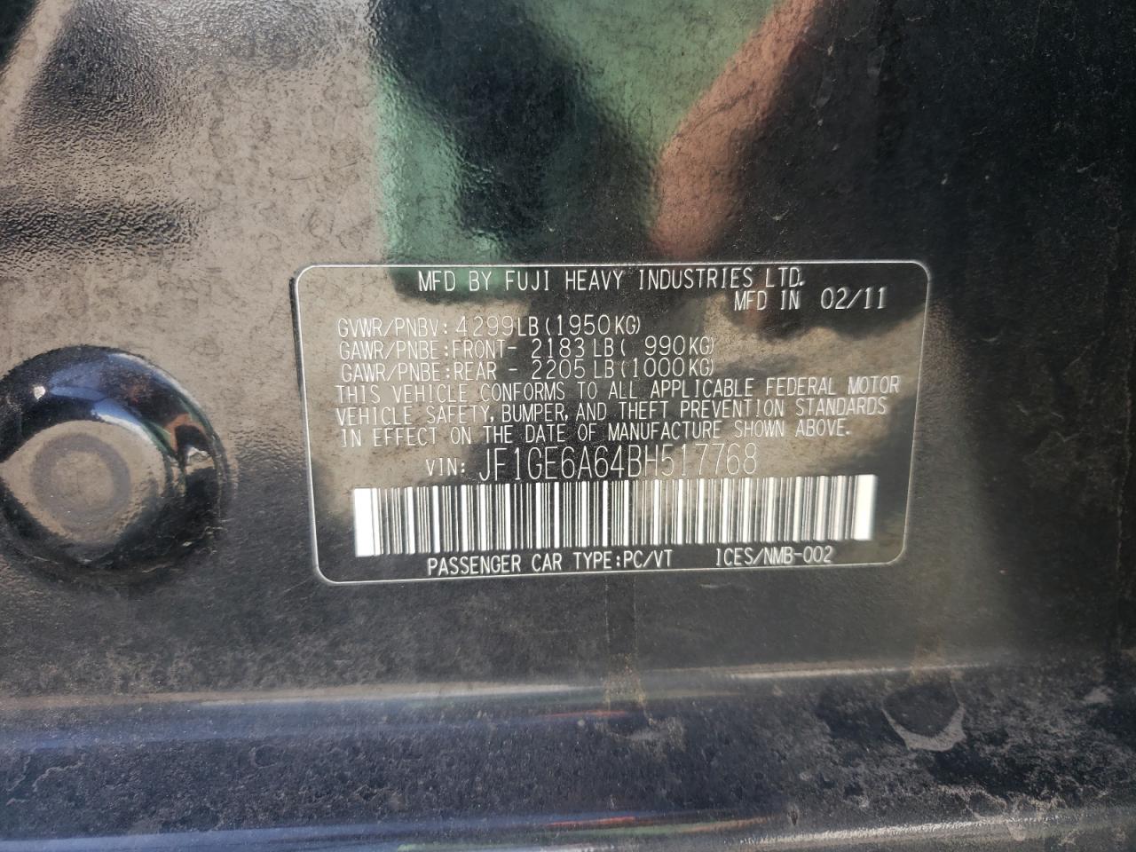 Photo 10 from auction – 2011 SUBARU IMPREZA with VIN JF1GE6A64BH517768