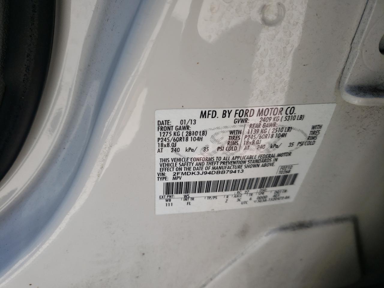 Photo 10 from auction – 2013 FORD EDGE SEL with VIN 2FMDK3J94DBB79413