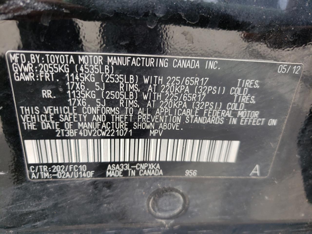 Photo 10 from auction – 2012 TOYOTA RAV4 with VIN 2T3BF4DV2CW221071