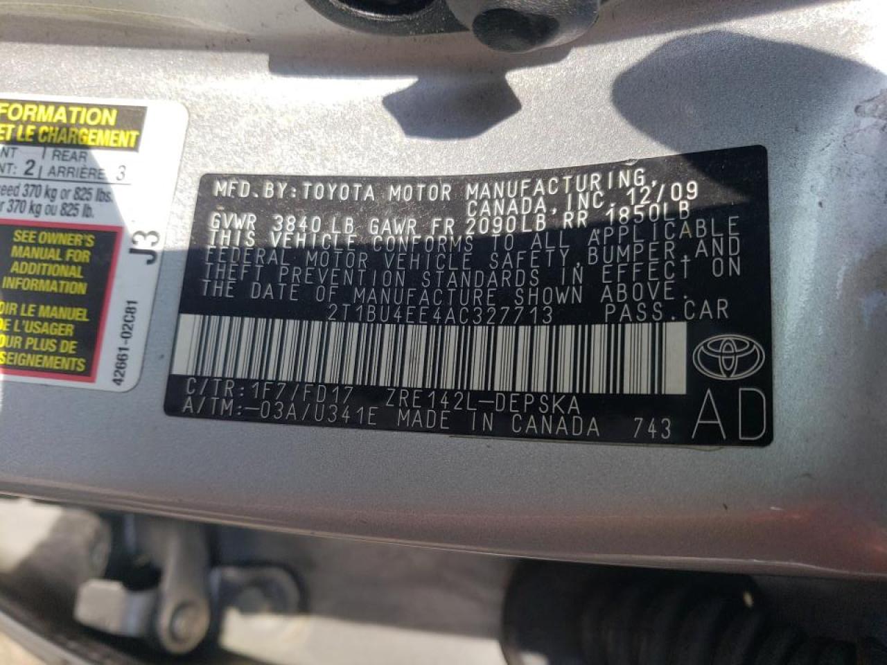 Photo 10 from auction – 2010 TOYOTA COROLLA with VIN 2T1BU4EE4AC327713