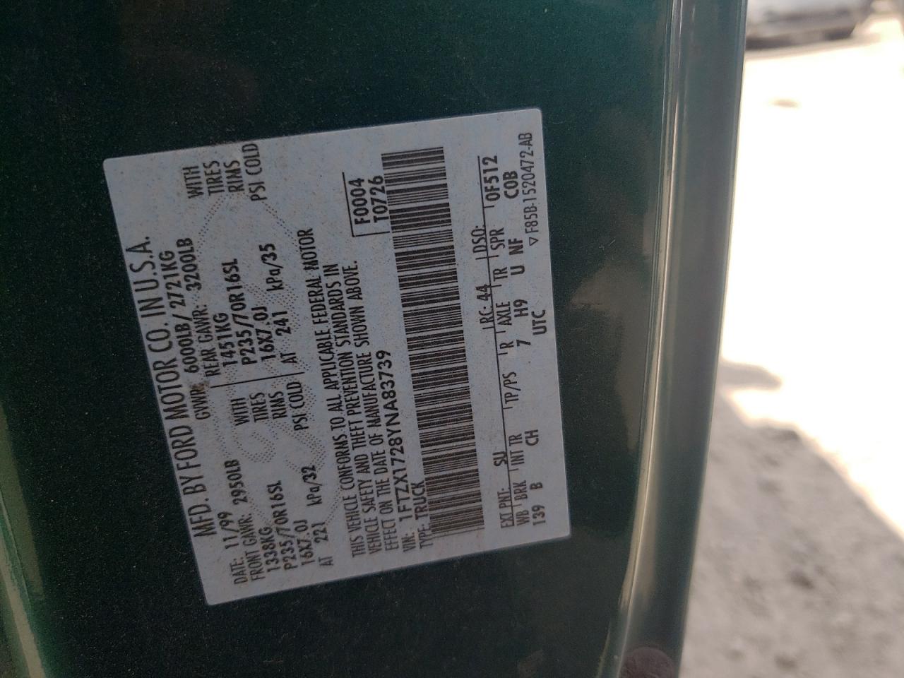 Photo 10 from auction – 2000 FORD F150 with VIN 1FTZX1728YNA83739