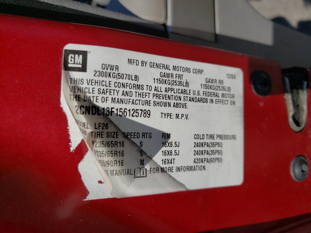 Photo 10 from auction – 2005 CHEVROLET EQUINOX LS with VIN 2CNDL13F156125789