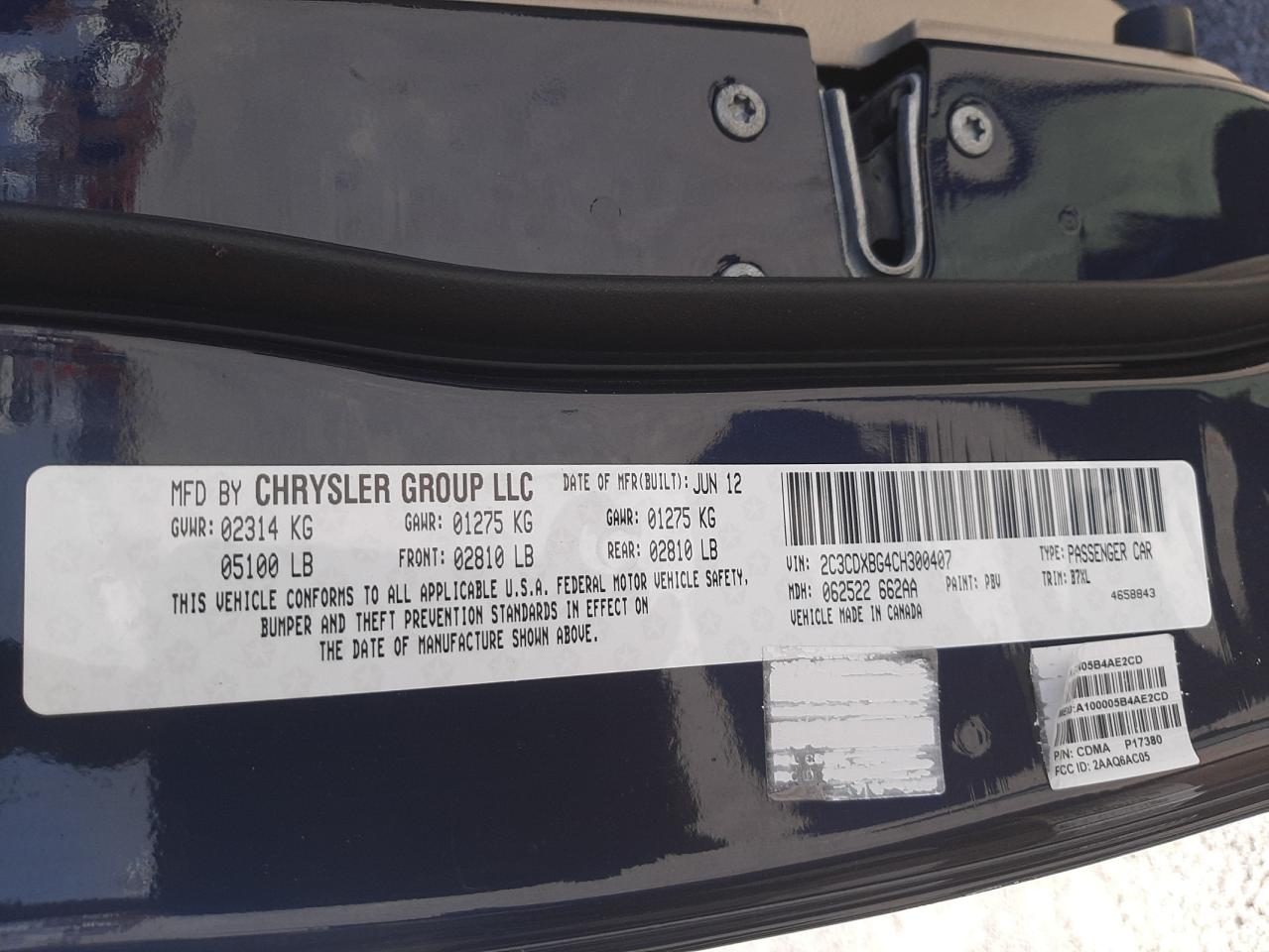 Photo 10 from auction – 2012 DODGE CHARGER SE with VIN 2C3CDXBG4CH300407