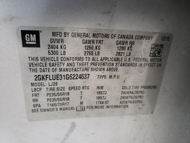Photo 10 from auction – 2016 GMC TERRAIN SL with VIN 2GKFLUE31G6224637
