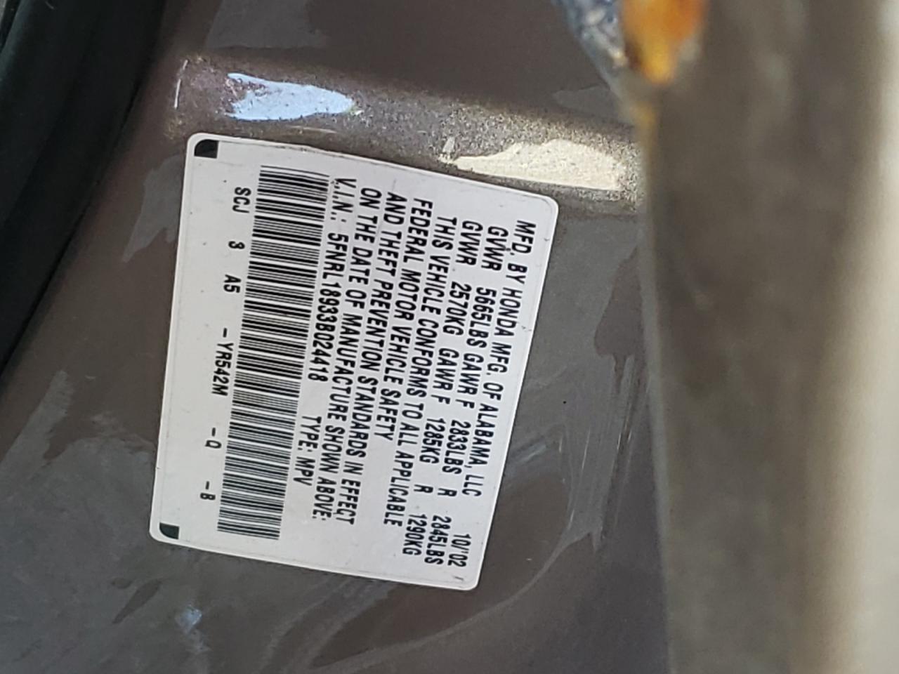 Photo 10 from auction – 2003 HONDA ODYSSEY EX with VIN 5FNRL18933B024418