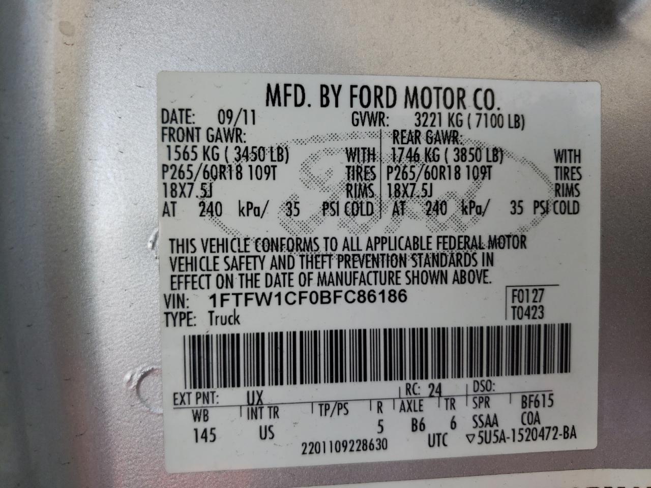 Photo 10 from auction – 2011 FORD F150 SUPER with VIN 1FTFW1CF0BFC86186
