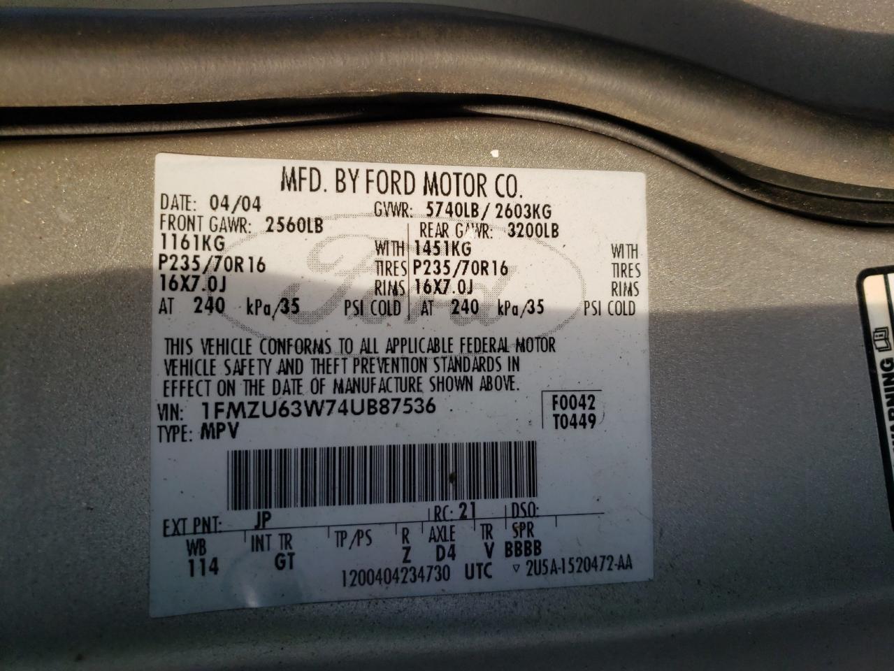 Photo 10 from auction – 2004 FORD EXPLORER X with VIN 1FMZU63W74UB87536