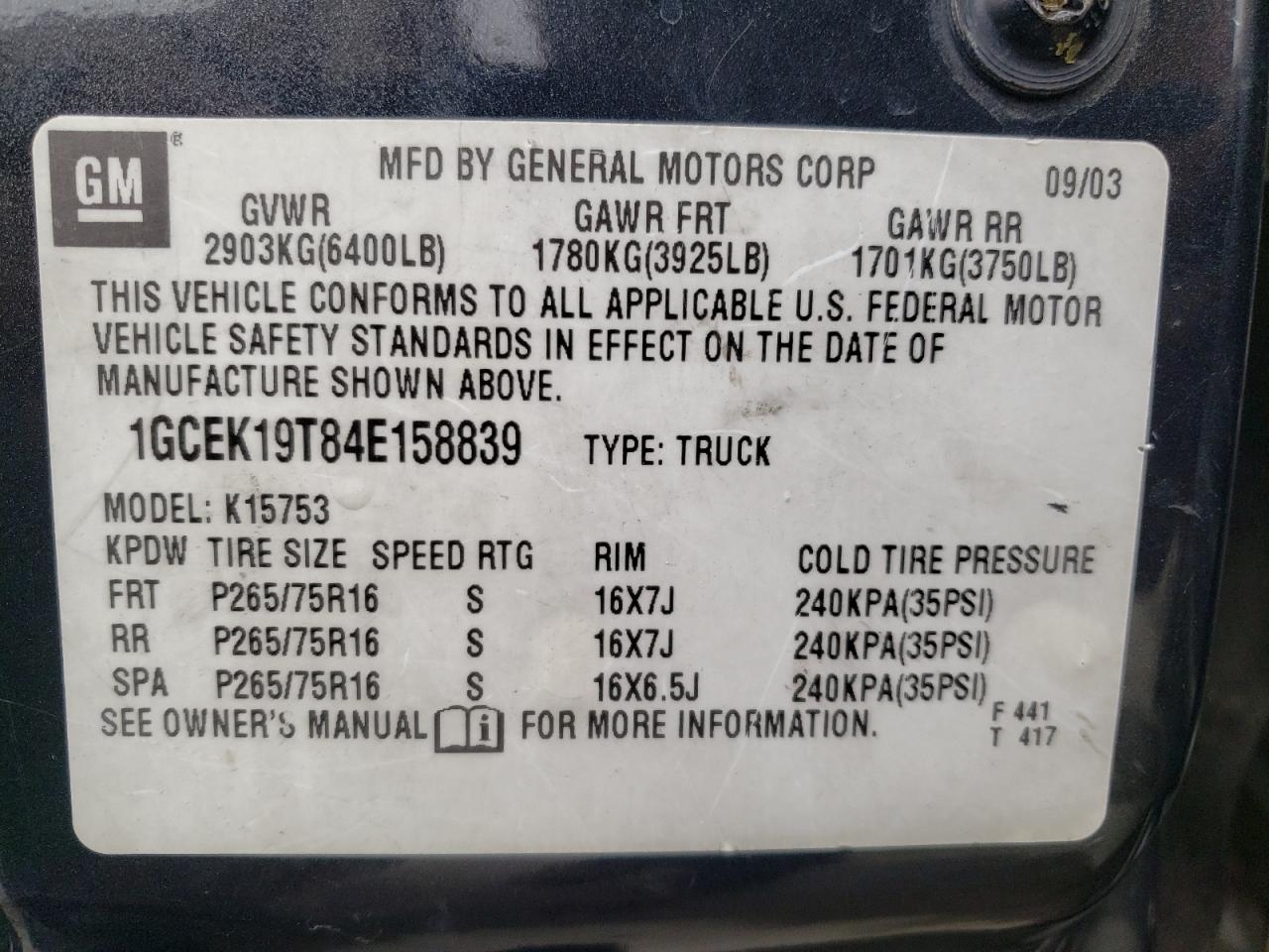 Photo 10 from auction – 2004 CHEVROLET SILVERADO with VIN 1GCEK19T84E158839