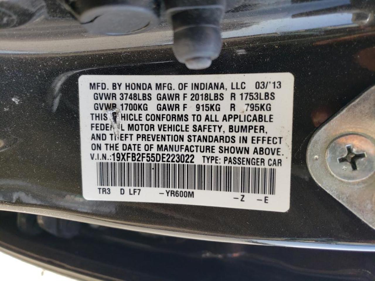 Photo 10 from auction – 2013 HONDA CIVIC LX with VIN 19XFB2F55DE223022