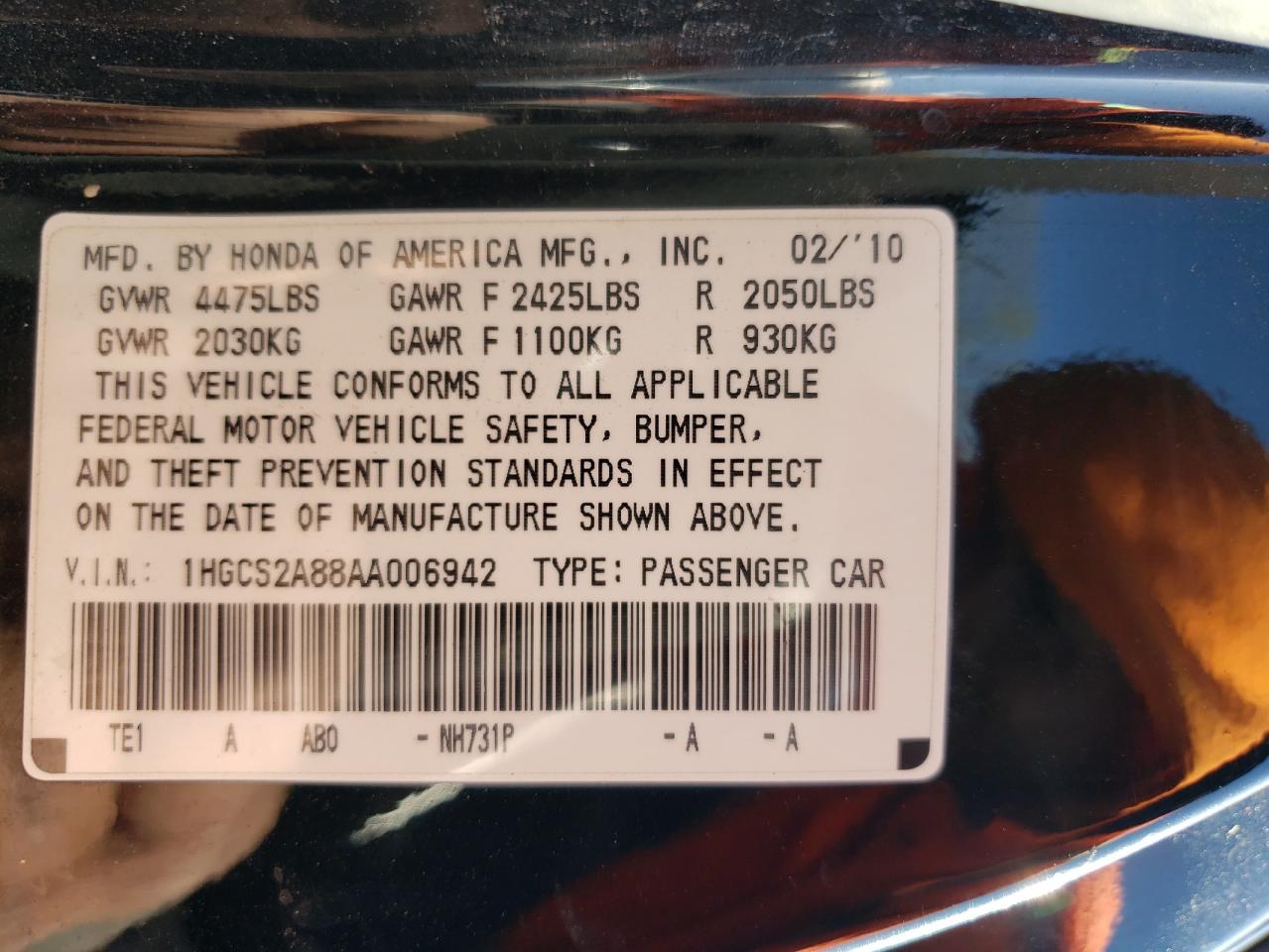 Photo 10 from auction – 2010 HONDA ACCORD EXL with VIN 1HGCS2A88AA006942