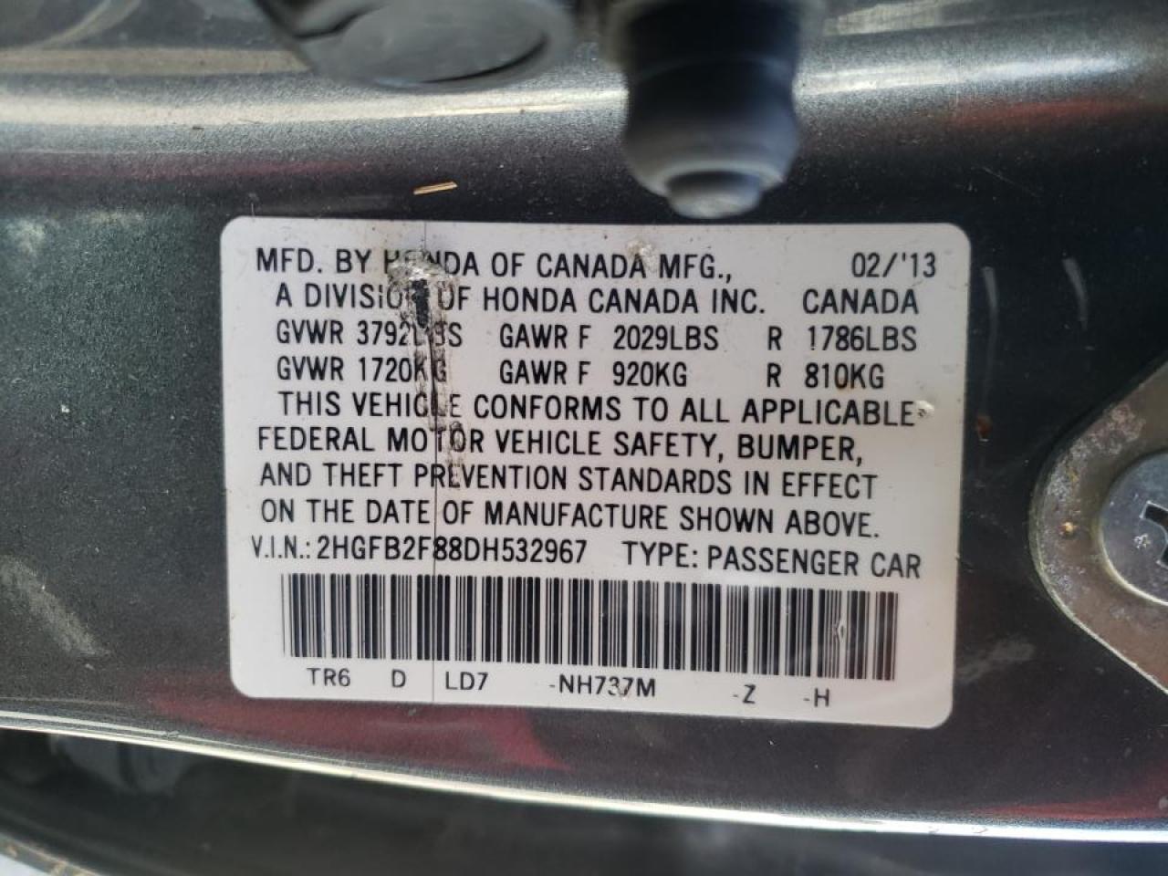 Photo 10 from auction – 2013 HONDA CIVIC EX with VIN 2HGFB2F88DH532967