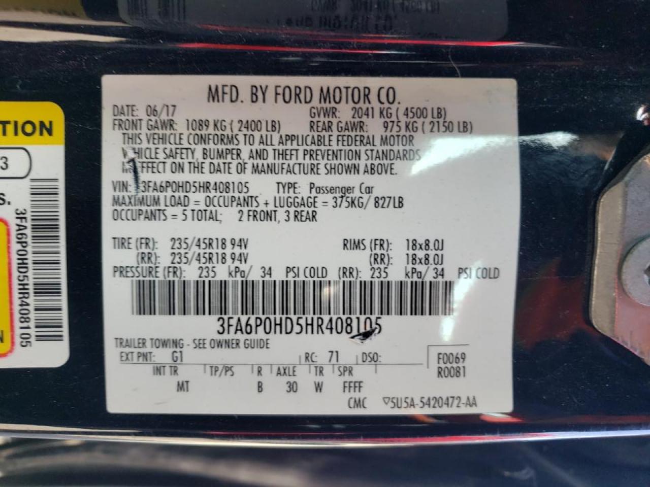 Photo 19 from auction – 2017 FORD FUSION SE with VIN 3FA6P0HD5HR408105