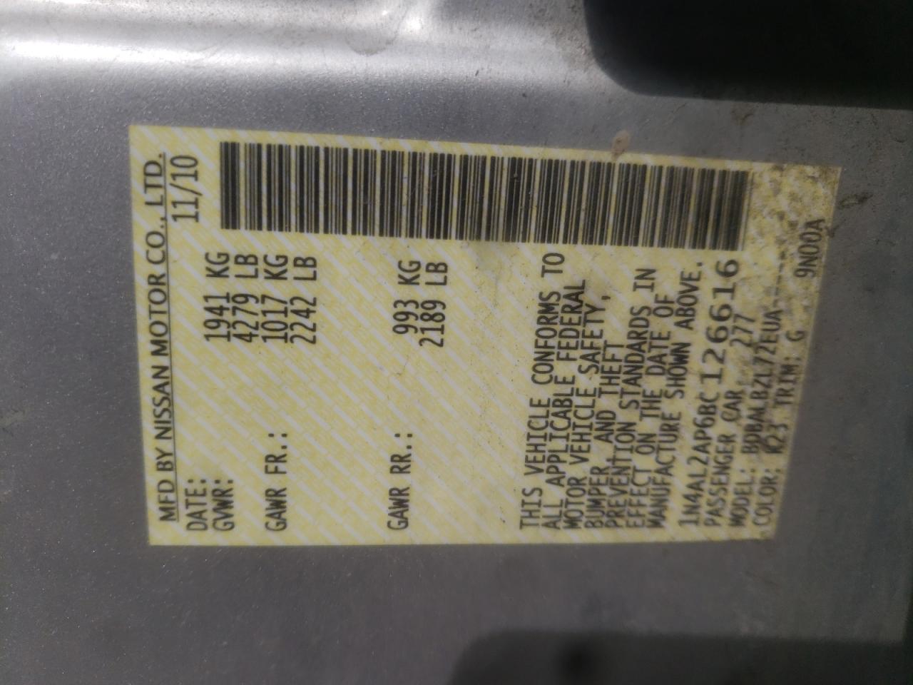 Photo 10 from auction – 2011 NISSAN ALTIMA BAS with VIN 1N4AL2AP6BC126616