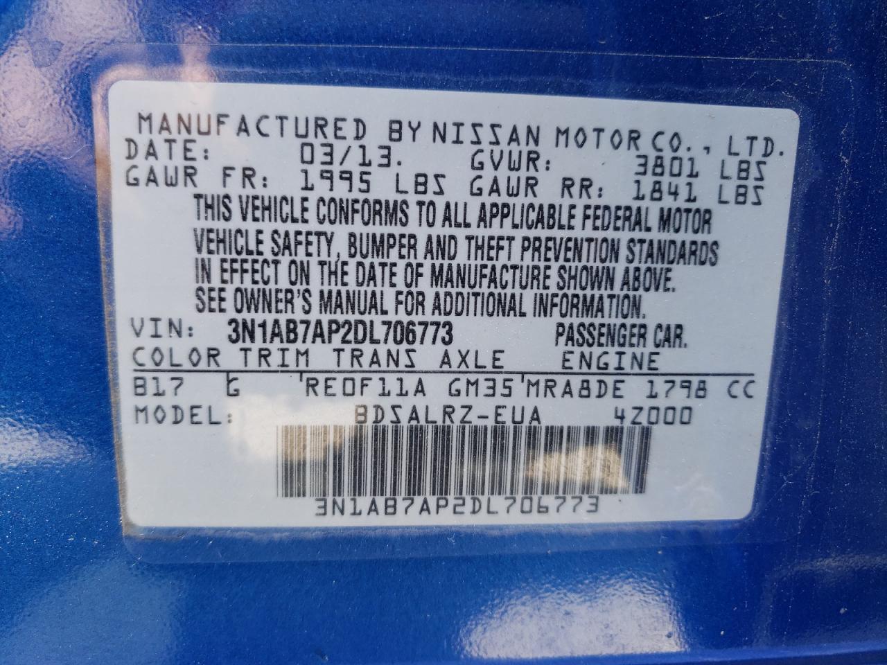 Photo 10 from auction – 2013 NISSAN SENTRA S with VIN 3N1AB7AP2DL706773
