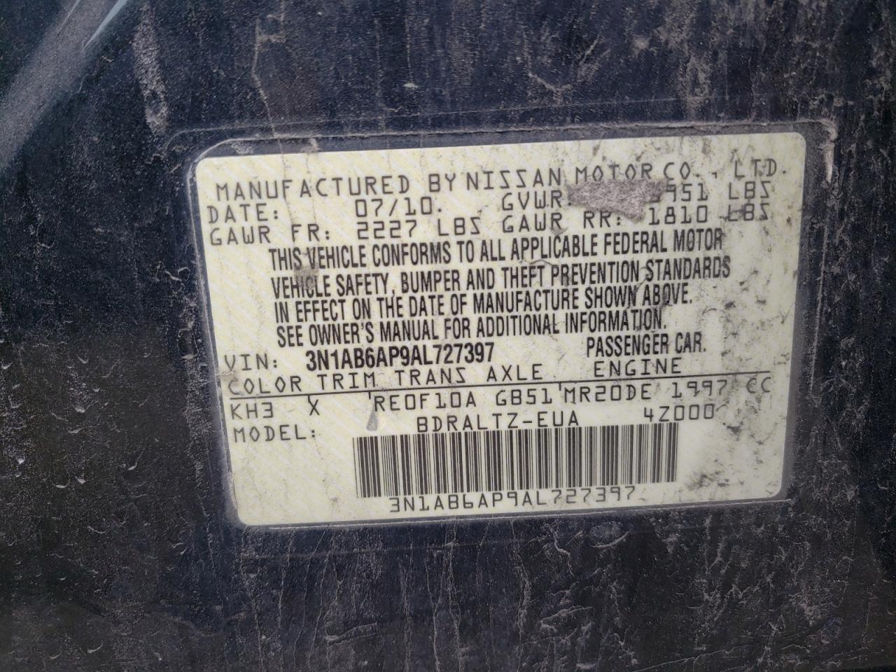 Photo 10 from auction – 2010 NISSAN SENTRA 2.0 with VIN 3N1AB6AP9AL727397