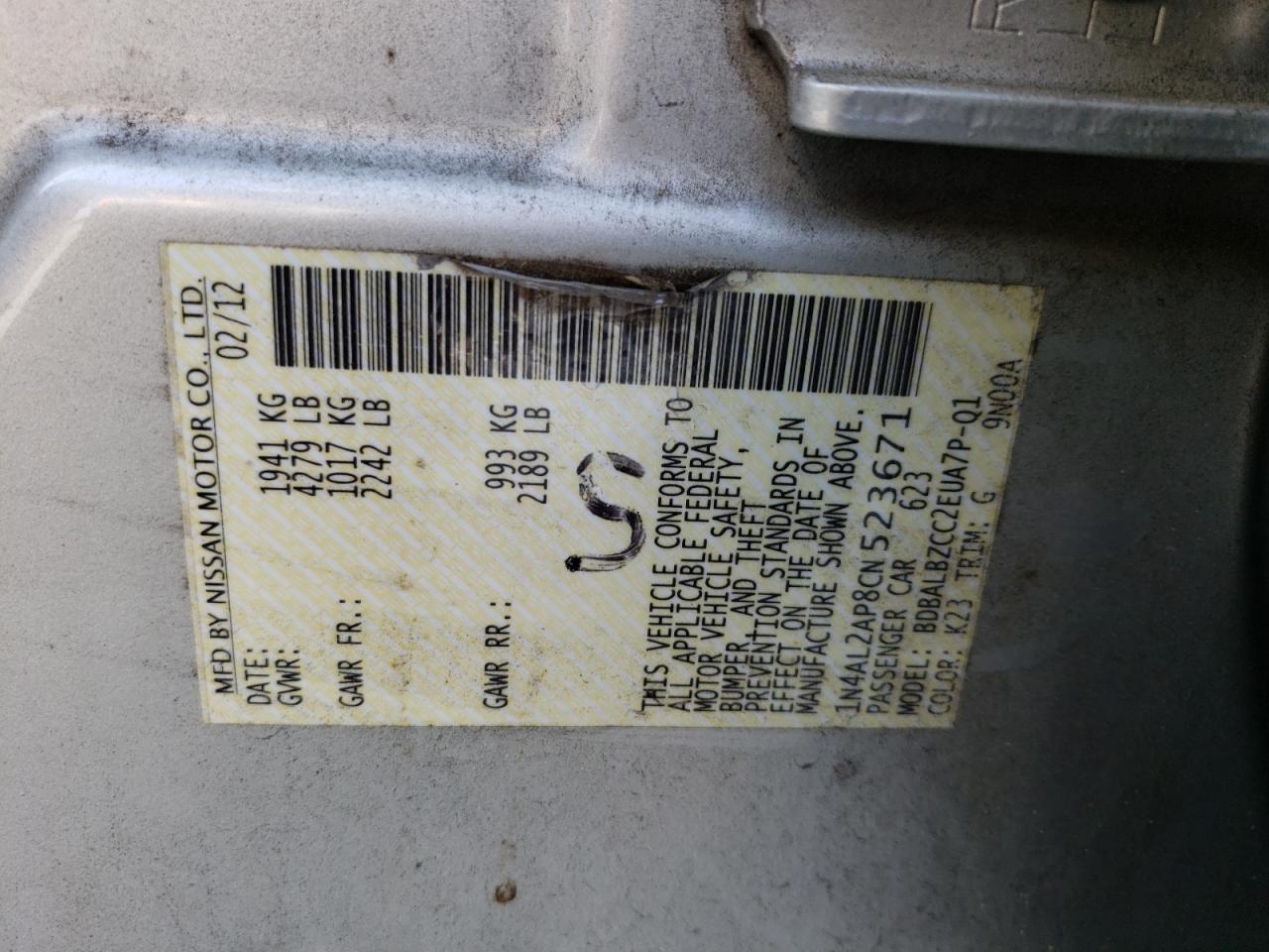 Photo 10 from auction – 2012 NISSAN ALTIMA BAS with VIN 1N4AL2AP8CN523671